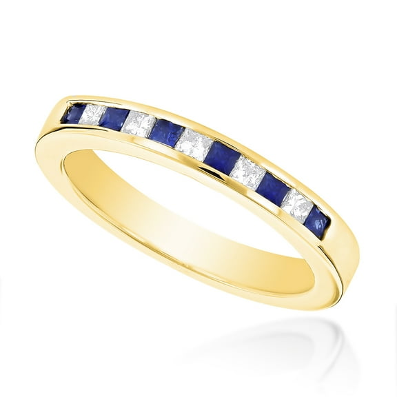 Ladies Channel Set Princess Cut Sapphire and Natural Diamond Ring 14K (Yellow Gold Size 4.5)