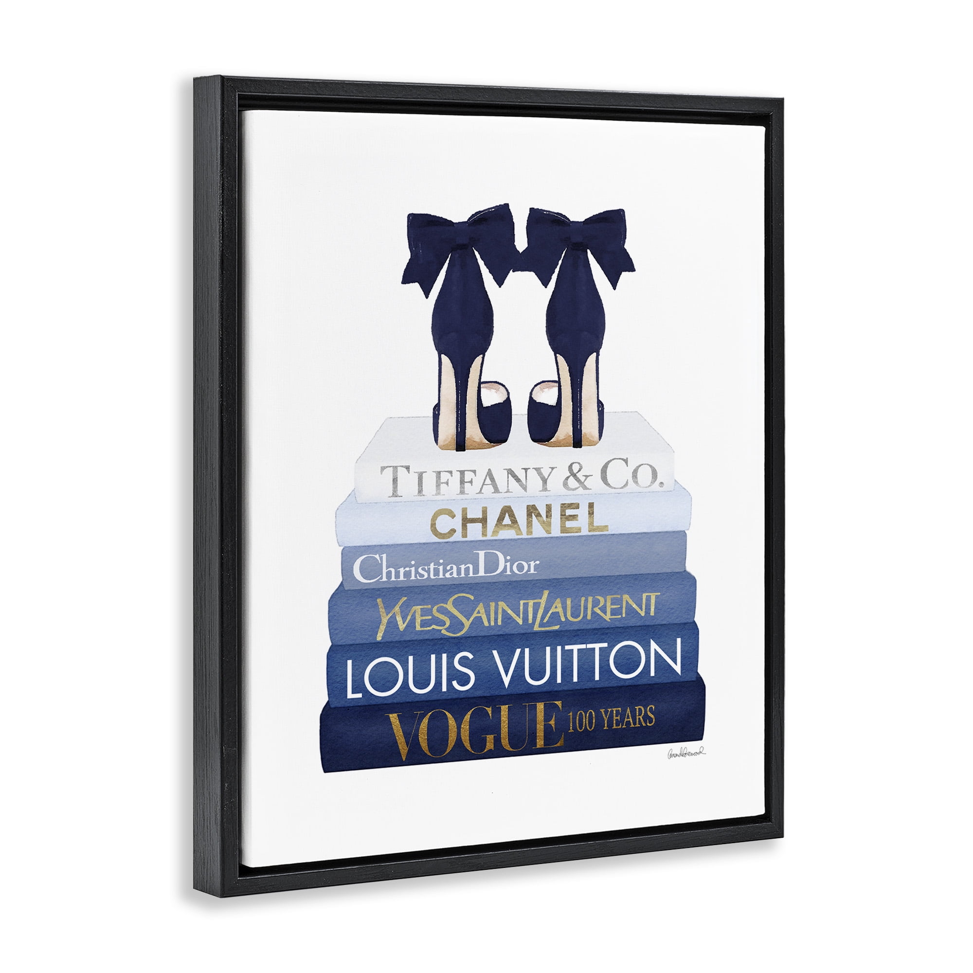 Stupell Industries Navy Blue Heels Chic Bookstack Beauty & Fashion Painting Black Floater Framed Canvas Art Print Wall Art, 25 x 31