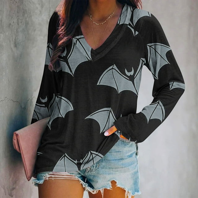 Wensltd Chemises d'Halloween Amusantes à Col en V pour Femmes, Manches Longues Graphiques Effrayantes