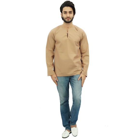 Atasi Men's Brown Short Kurta Round Keyhole Neck Cotton Tunic Shirt-XX-Large
