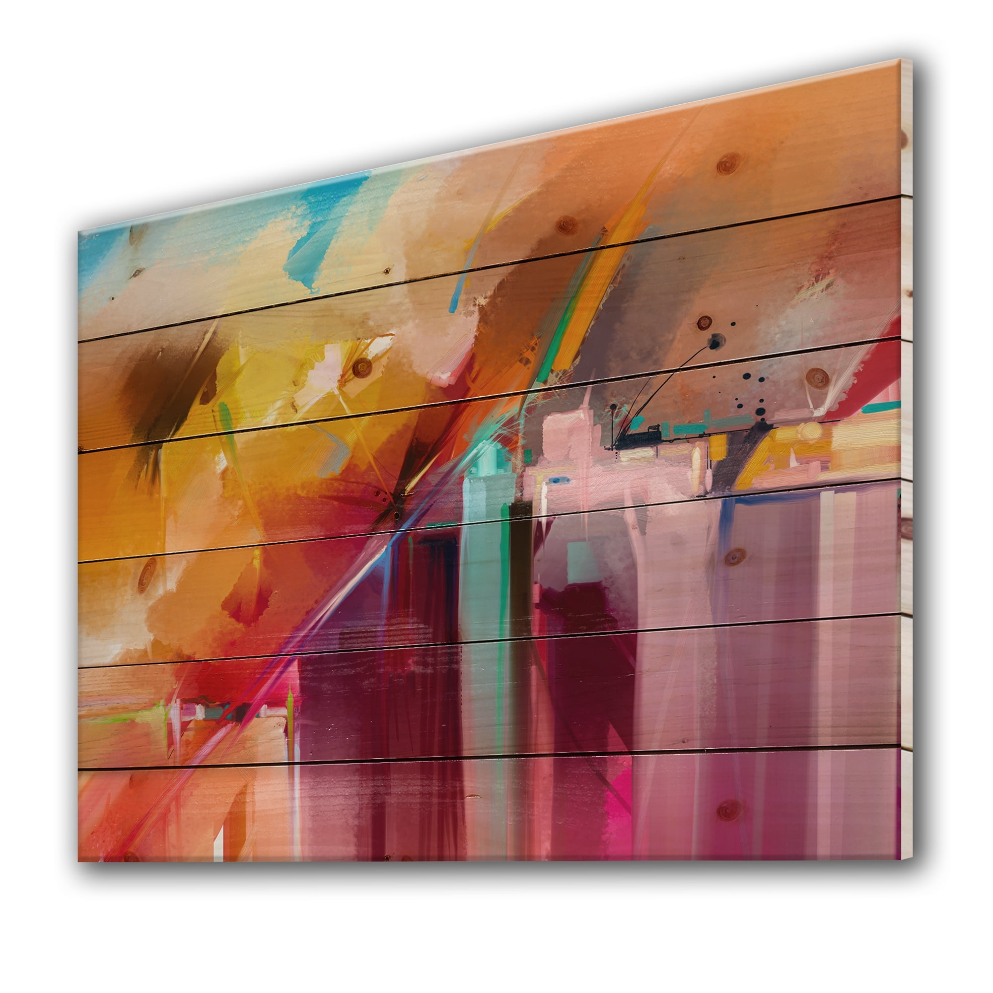 Designart 'Abstract Acrylic Composition in Red and Orange ' Modern Print on Natural Pine Wood