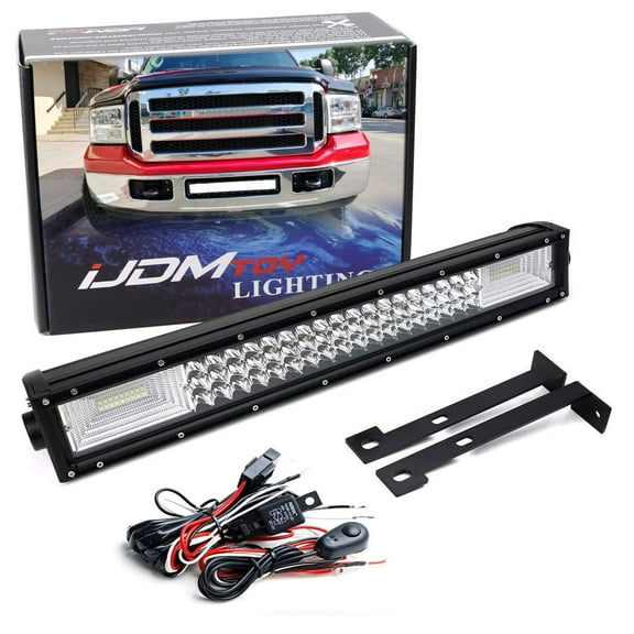 Lower Grille Mount 21-Inch LED Light Bar For 1999-07 Ford F250 F350 F450, Includes (1) Triple-Row High Power LED Lightbar, Lower Bumper Opening Mount Brackets & Switch Wiring Kit
