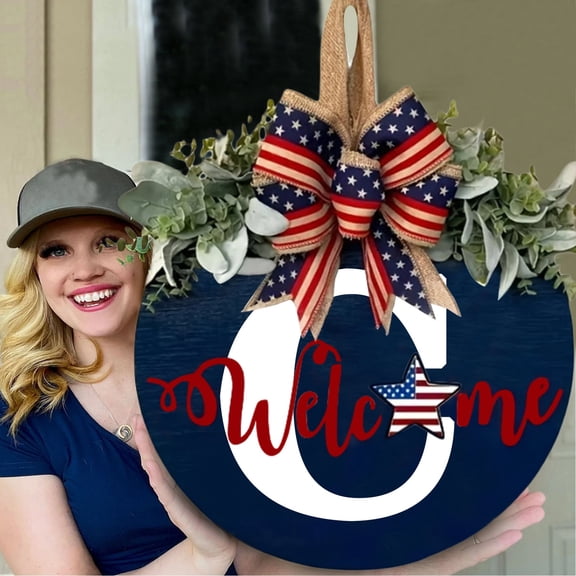 Initial Last Name 4Th Of July Front Door Wreath, Unique Welcome Sign Garland With Bow & Eucalyptus,Personalized Creative 26 Letter Farmhouse Wreath For Independence Day Outside 12" (C)