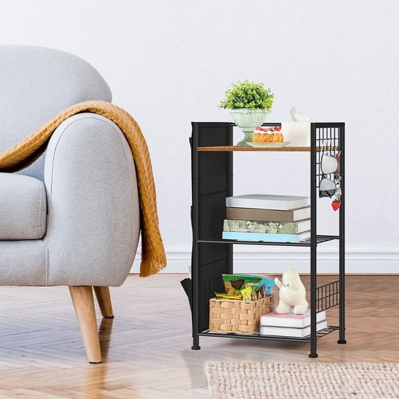 3 Tier Bathroom Shelf Wood Shelving with Storage Bags and Hooks - Black