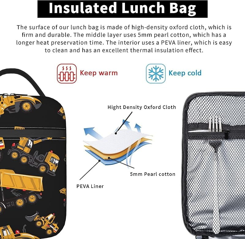 Road Roller Bulldozer Dumper Lunch Box Insulated Soft Bag Reusable Cooler Bag For Women&Men Work Picnic Hiking