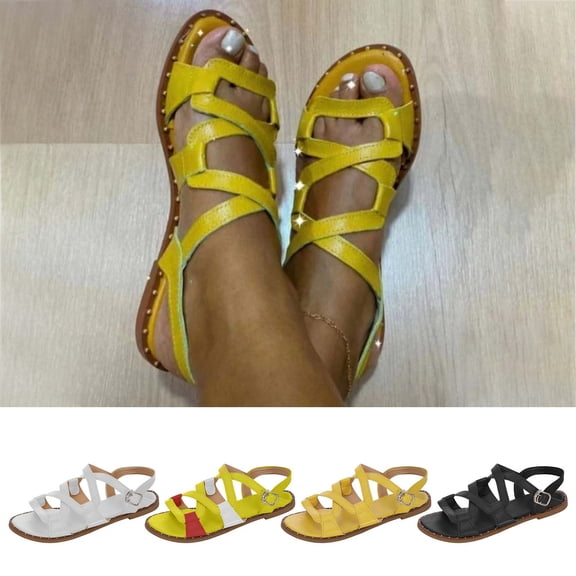 Jacenvly 2024 New Summer Ladies Shoes Casual Women's Shoes Roman Flat Open Toe Sandals Black Sandals for Women