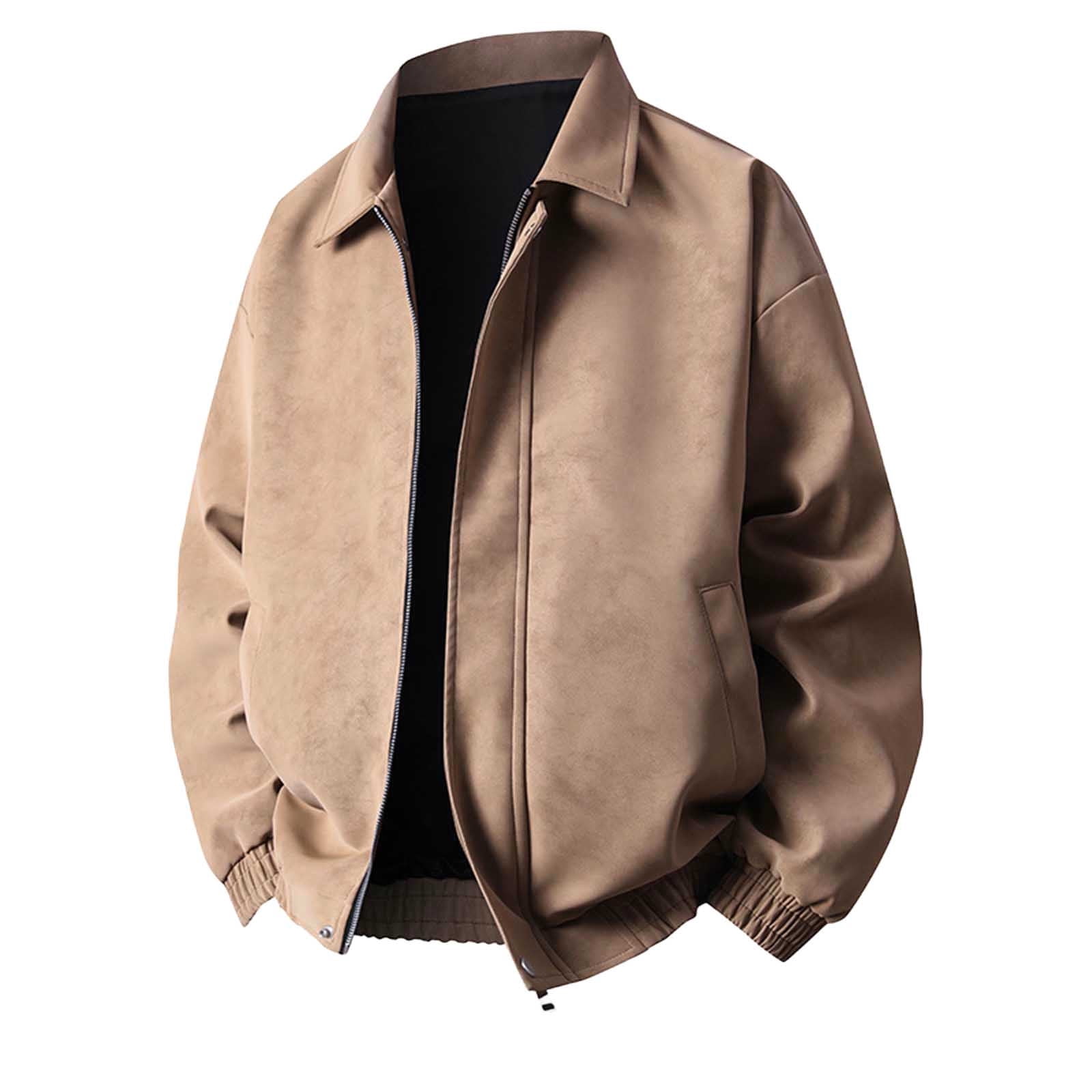 Kakii Men's Suede Bomber Jacket Oversized Retro Streetwear Zip Up Faux Leather Coat with Turn Down Collar