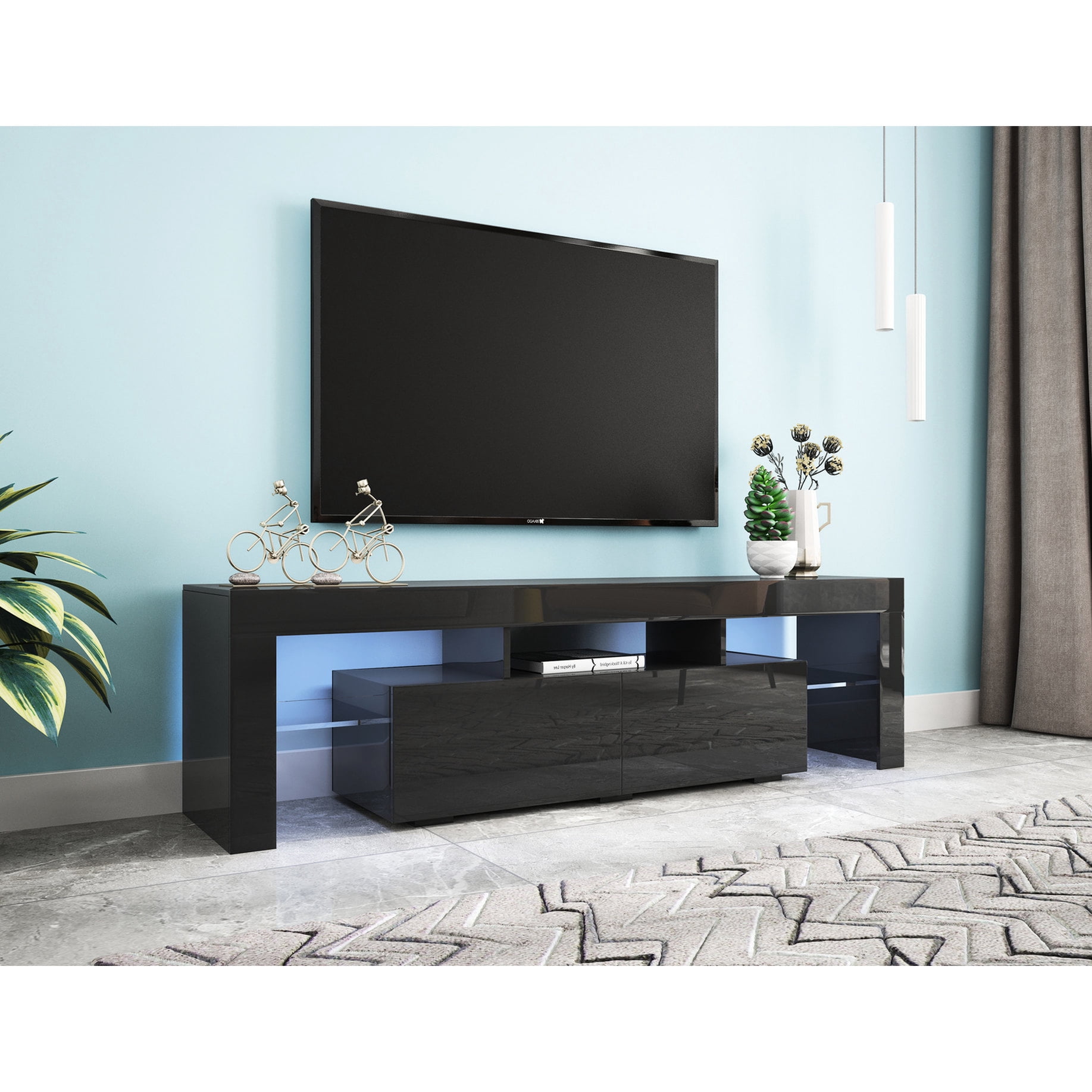 20-Color LED Black TV Stand, Remote-Controlled Lights | Ideal for Modern Living Rooms, High Load Bearing