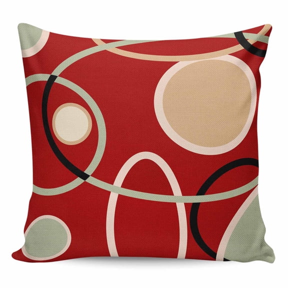 Throw Pillow Covers 18x18 Inch, Geometric Red Decorative Pillow Cases for Couch Sofa Bed, Boho Retro Abstract Circle Black Green Cotton Linen Square Home Decor Pillowcases with Hidden Zipper