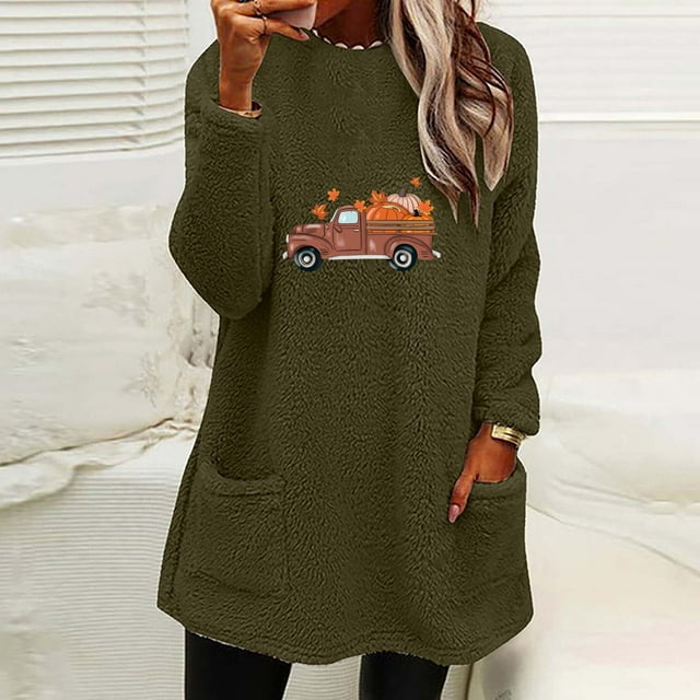 Chandail en Molleton pour Femmes Col Rond et Hiver Ample Imprimé Poche Chaud Manches Longues Blouse Tops Femmes Tops en Liquidation