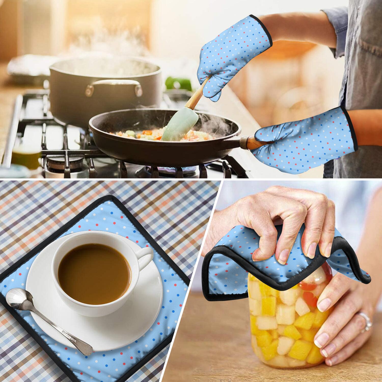 Oven Mitts and Pot Holders Set Of 4, Heat Resistant Kitchen Gloves with Non-Slip Grip, Hanging Loop, Soft Cotton Lining for Baking, Cooking, Grilling, Barbecue