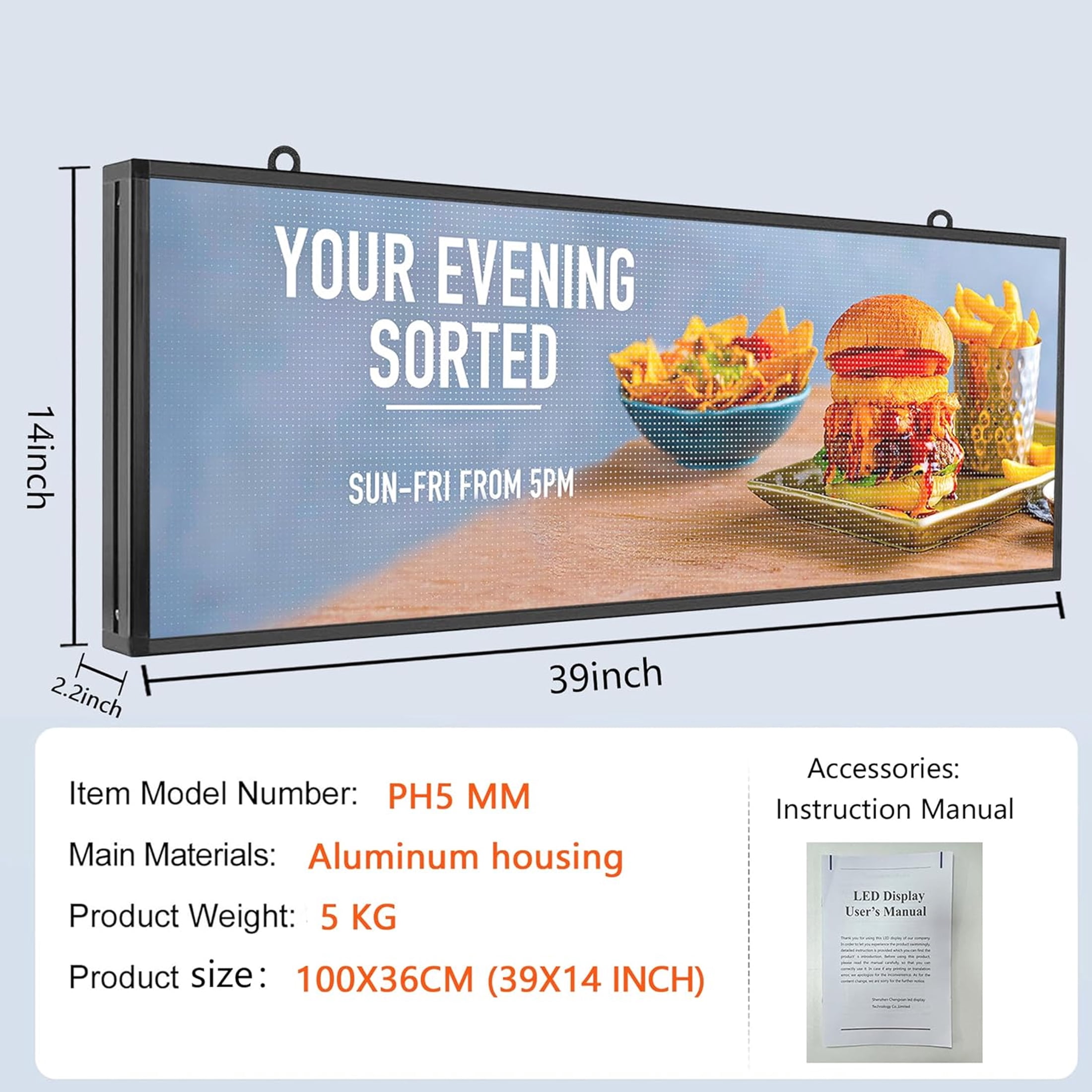 Outdoor LED Digital Signs Display WiFi Control With High Brightness Scrolling LED Sign Programmable for Store Business Board (Full Color P5 39x14 inch)