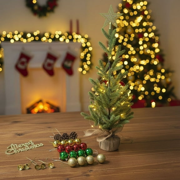 2 Ft Artificial Mini Christmas Tree, Little Christmas Tree with 30 LED Lights & 26 Branch Tips for Decoration, Burlap Bag Base, for Desktop, Green
