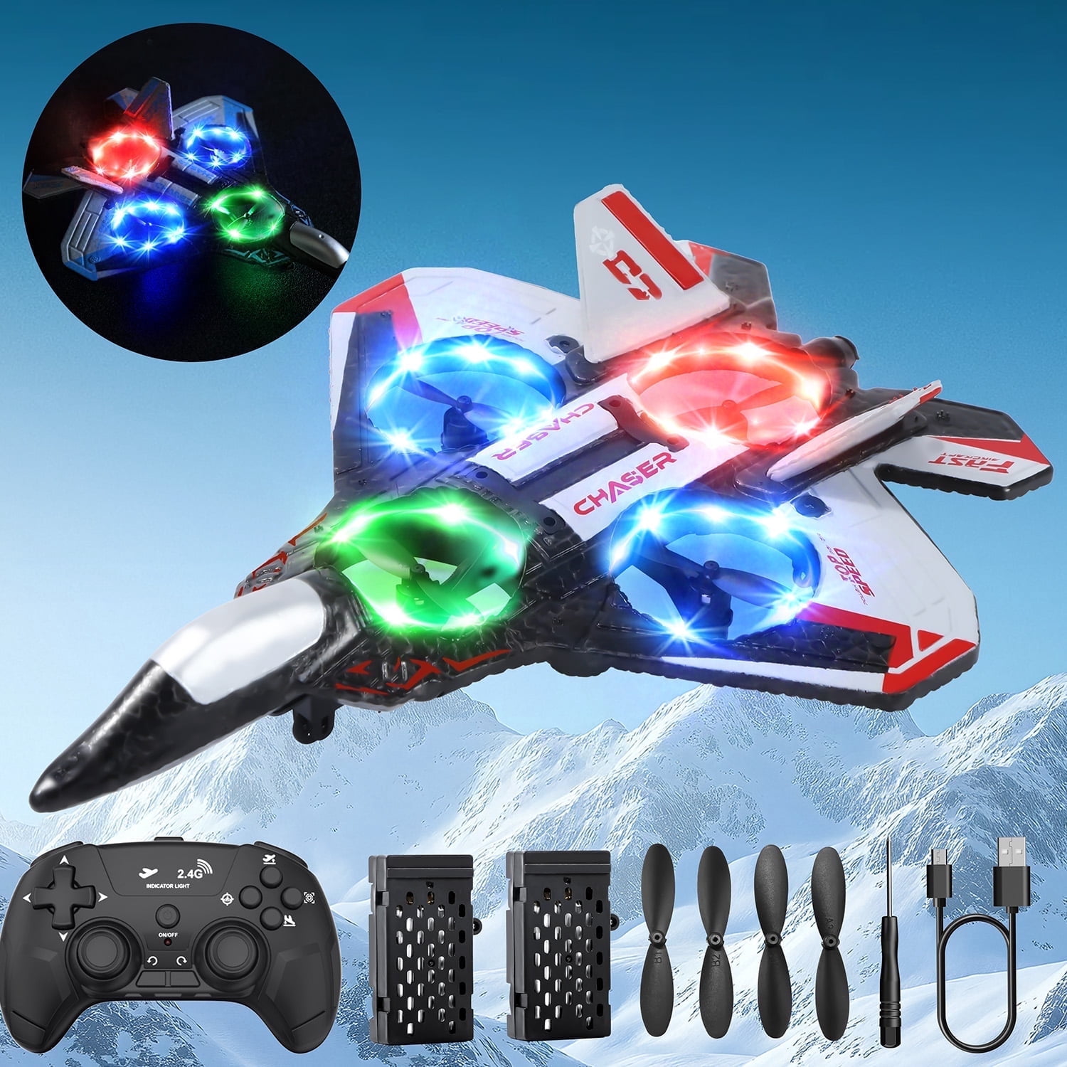 JoyStone Foam Remote Control Airplane, Jet Fighter RC Plane Stunt Drone Toy with LED Lights & 360° Spin, Easy to Fly RC Glider for Kids Adults, Red