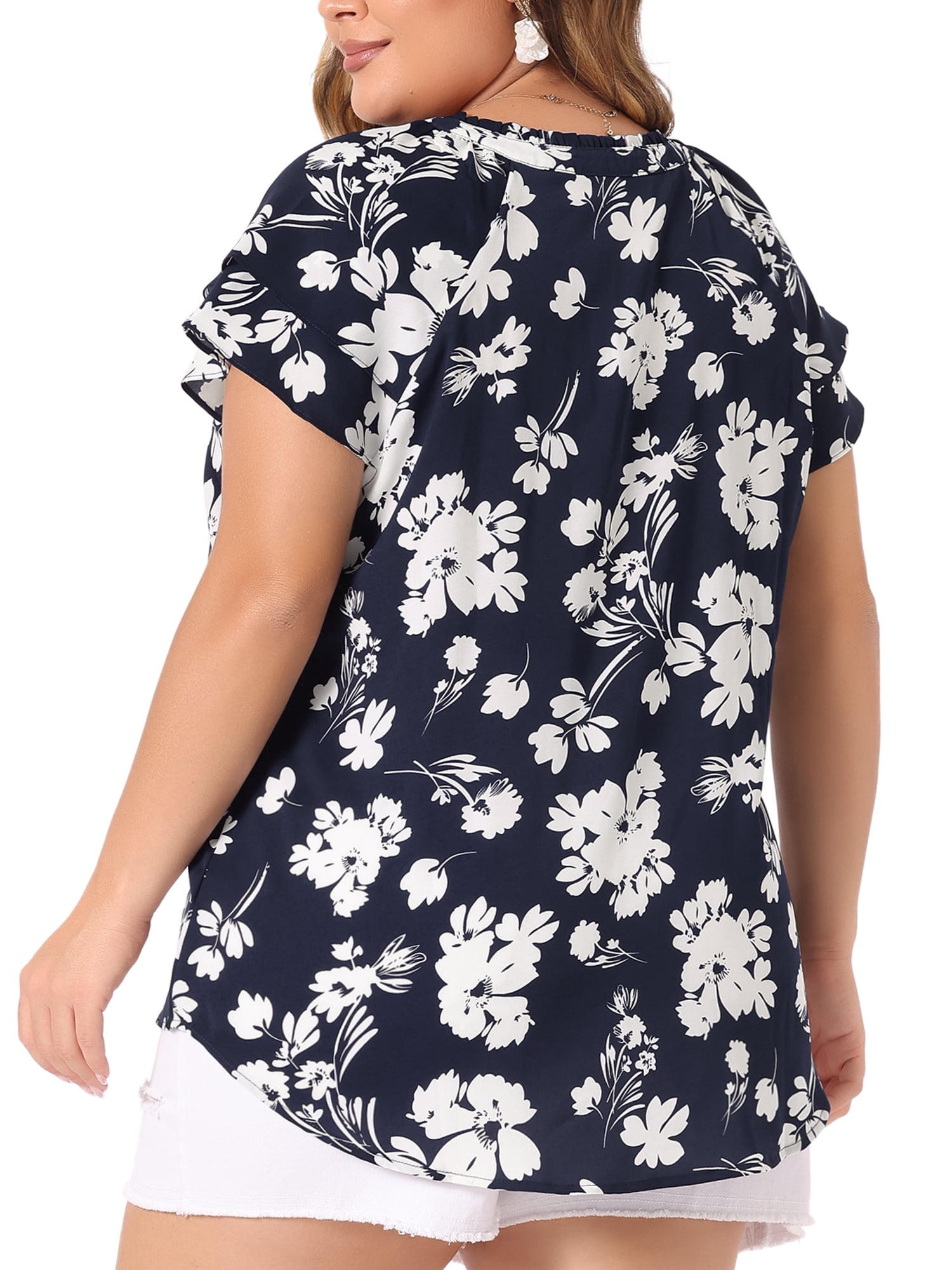 Unique Bargains Women's Plus Size Layered Sleeve V Neck Floral Tops Tunics 1X Navy Blue