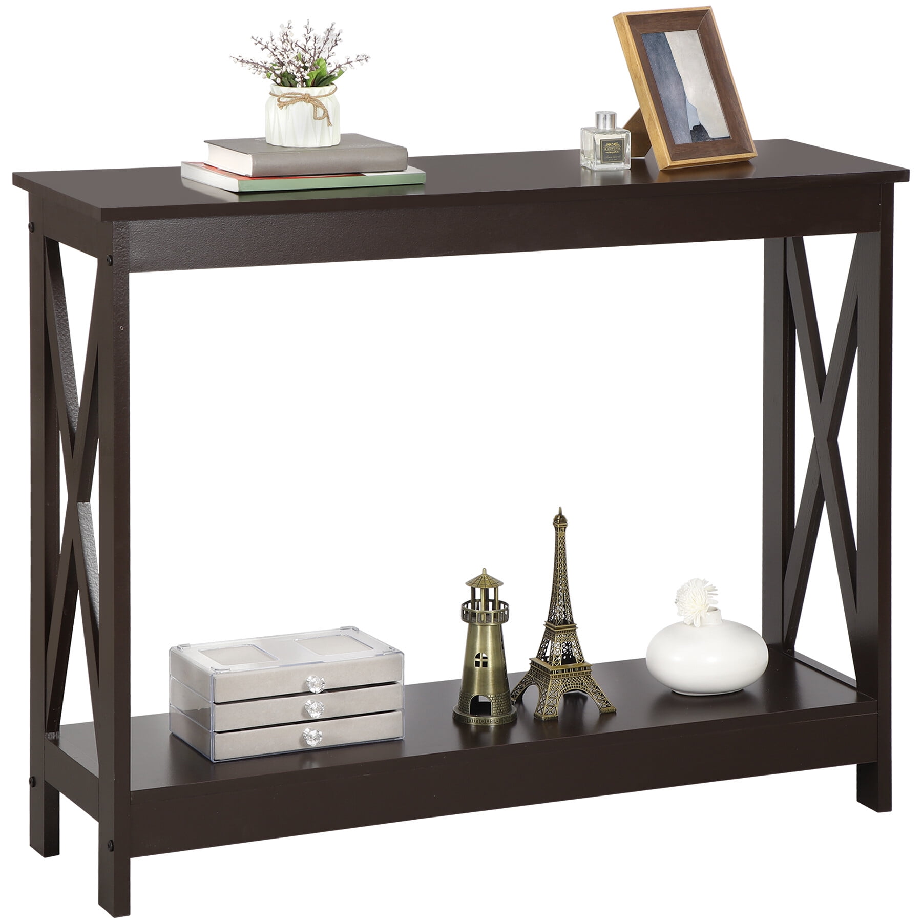 SuperDeal Dark Brown Console Table 2-Tier MDF Entryway Table X-Design Storage Display Shelf Indoor