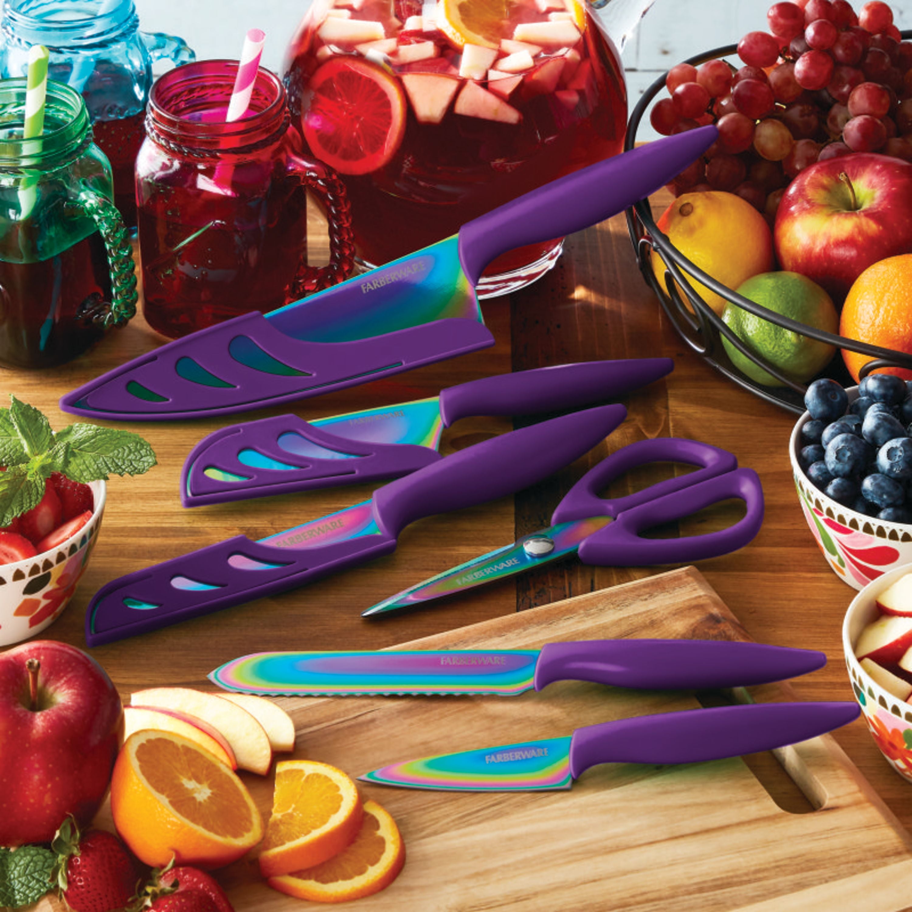 Farberware Tie Dye Pattern Knife Set with Shears and Blade Covers,  15-Piece, Multicolor