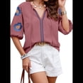 thumbnail image 1 of Blusas de Verano para Mujer, Blusas Florales Bordadas con Mangas Abullonadas, Cuello en V, Estilo Bohemio, Informal Rosa L, 1 of 7