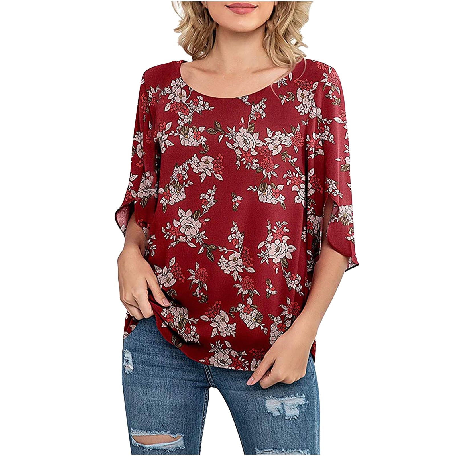 Mnjin Summer T Shirts Women Tops Womens Casual Floral Printed Crew Neck  Loose 3/4 Sleeve Chiffon Blouse Tops Tshirts Ladies Tee Shirts Red XL -  Walmart.com