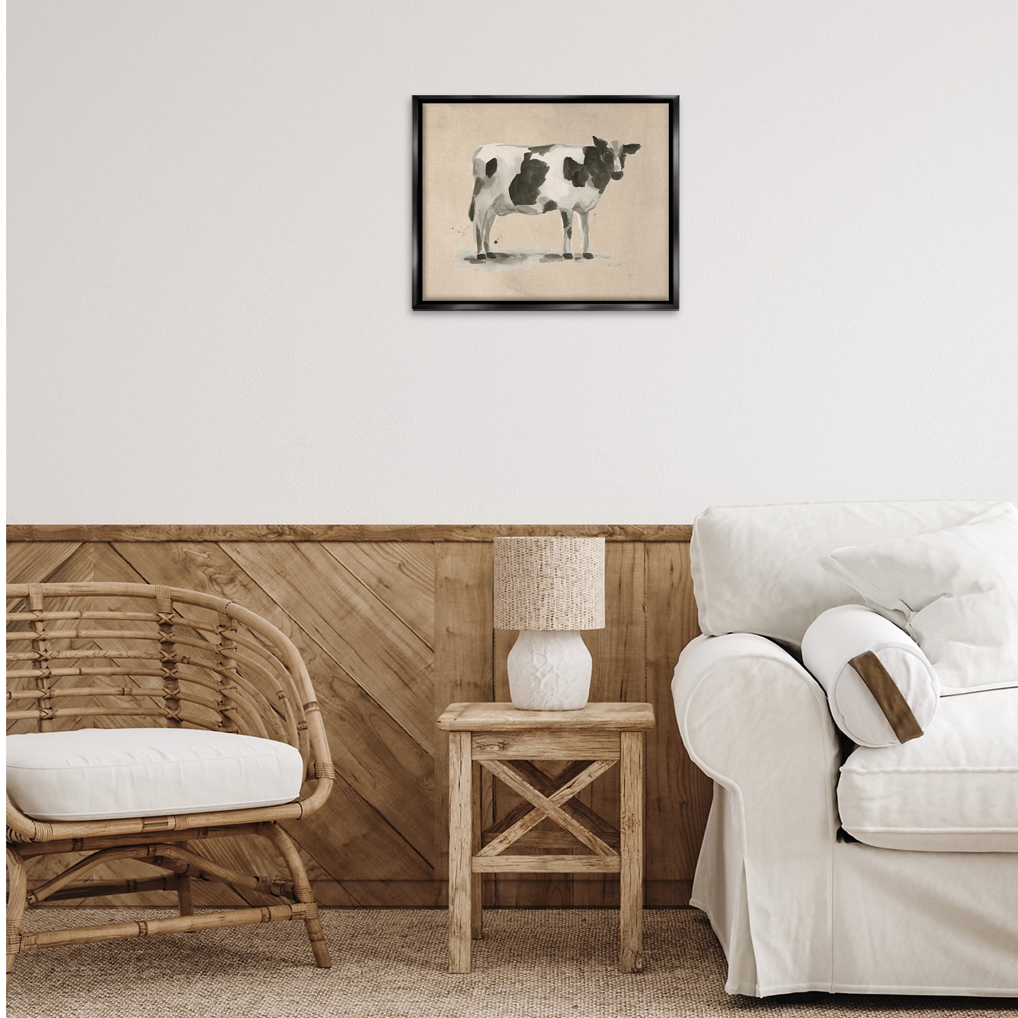 Stupell Industries Traditional Cow on Beige Animals & Insects Painting Black Floater Framed Canvas Art Print Wall Art, 21 x 17