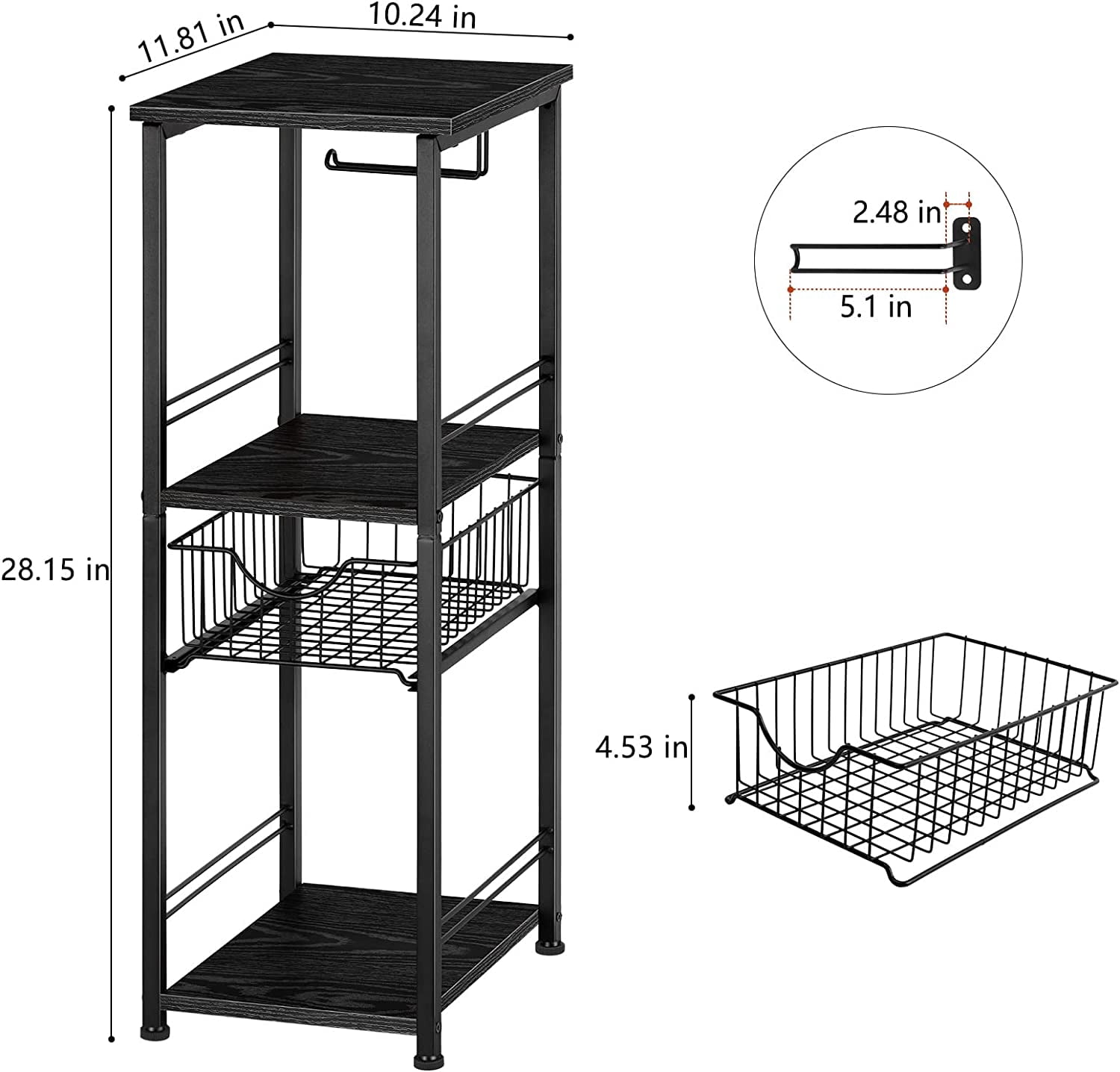 3 Tier Freestanding Bathroom Shelf with Drawer Toilet Paper Storage Stand, Black