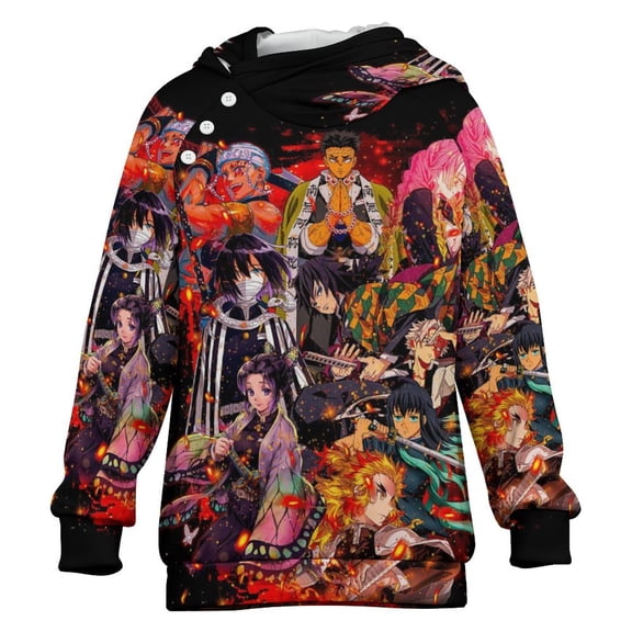 Demon Slayer Kids Hoodie Raglan Sleeve Hooded Snap Sweatshirt Casual Wear Soft Breathable Outerwear Winter Clothes 6-7Y