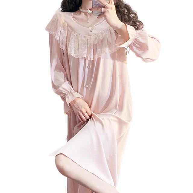 Bienvenido Camisón de manga larga con botones para mujer, camisón de encaje elegante retro, ropa de descanso para el hogar BBB-05 L para 115,7?143,3 lb