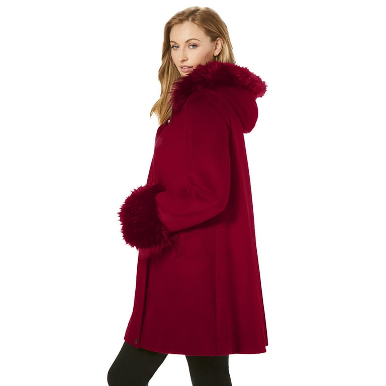 Jessica London Women's Plus Size Hooded Faux Fur Trim Coat Winter Wool  Hooded Swing Coat 