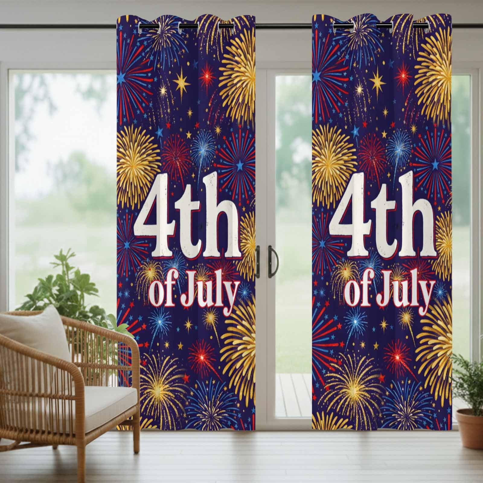 July 4th Outdoor Curtains for Patio, Independence Day Retro Red Blue Yellow Fireworks Dark Blue Sunshade Privacy Drapes Grommet Waterproof Outside Curtains for Porch/Cabana/Balcony 54"x 108", 1 Panel