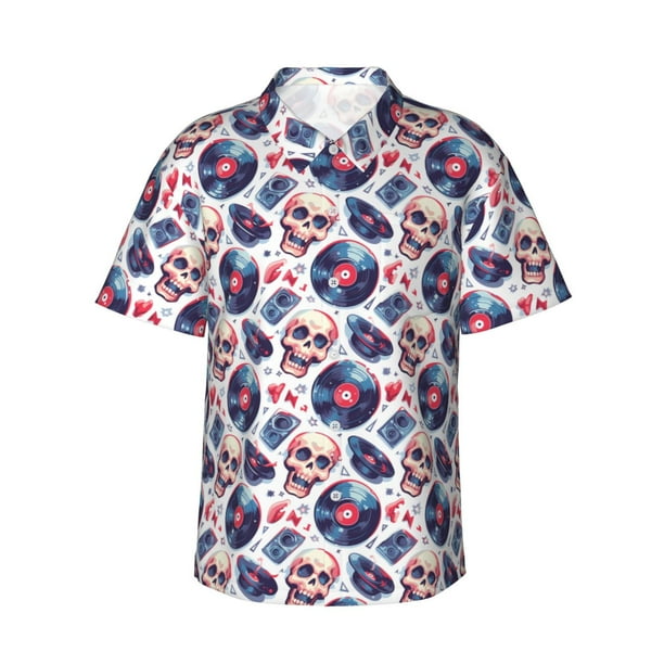Balery record rock music Skull Camisas hawaianas de manga corta para hombre, camisas playeras de corte holgado, camisas de vacaciones con botones,3X-Large