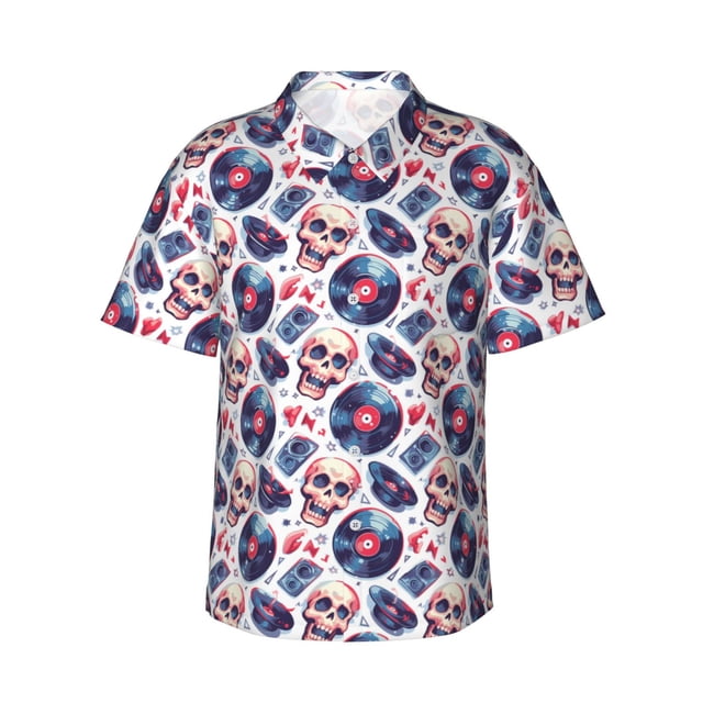 Balery record rock music Skull Camisas hawaianas de manga corta para hombre, camisas playeras de corte holgado, camisas de vacaciones con botones,Large