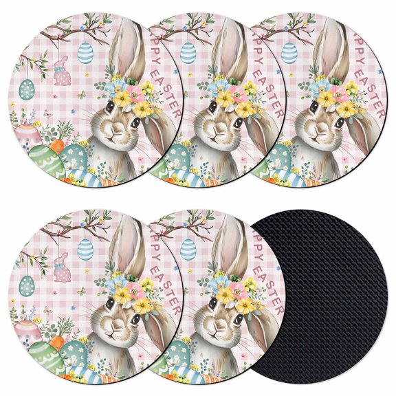 Pink Easter Bunny Coasters Set of 6, Absorbent Coasters for Drinks, Spring Easter Eggs Floral Buffalo Plaid Coaster for Desk Coffee Table Protection, Home Decor House Warming Gifts 4"