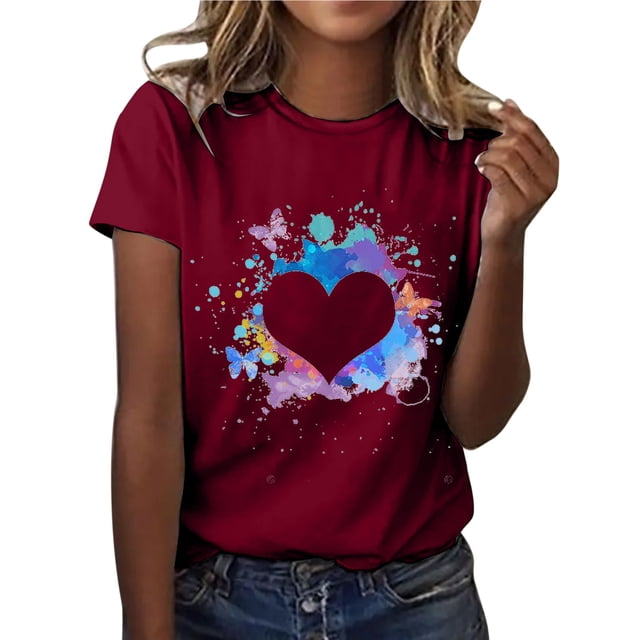 Gibobby Playera de Manga Corta con Cuello Redondo Mujeres Casual Top Camisas Corazón Impreso Camiseta Manga Corta Suelta Temperamento Camiseta O-cuello Top Camisa(Vino,G)