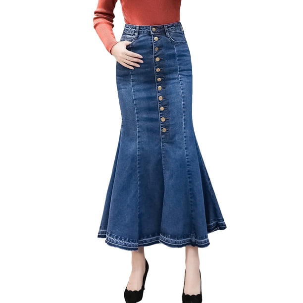Falda midi elástica de denim para mujer: falda ajustada de cintura alta con cola de pez, cierre con botones, tallas S-XXL