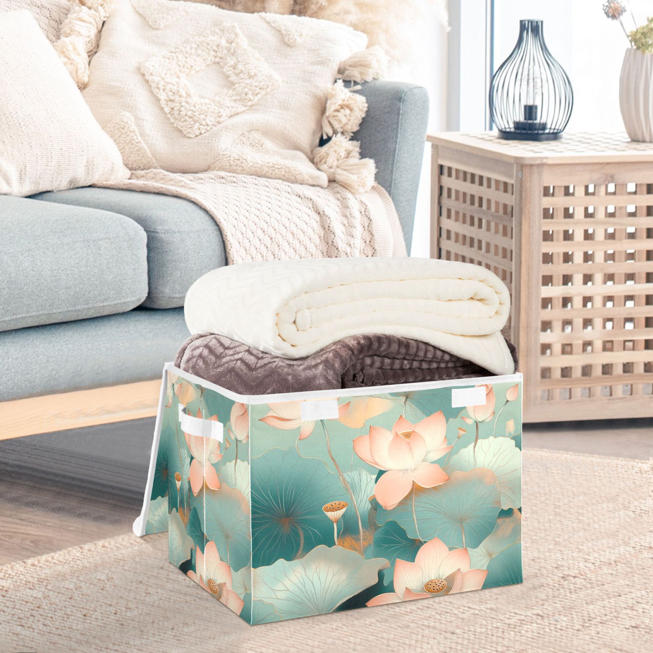 Green Lotus Picture Large Storage Bins with Linen Collapsible Lid Storage Box 16.7 x 12.6 x 11.8in