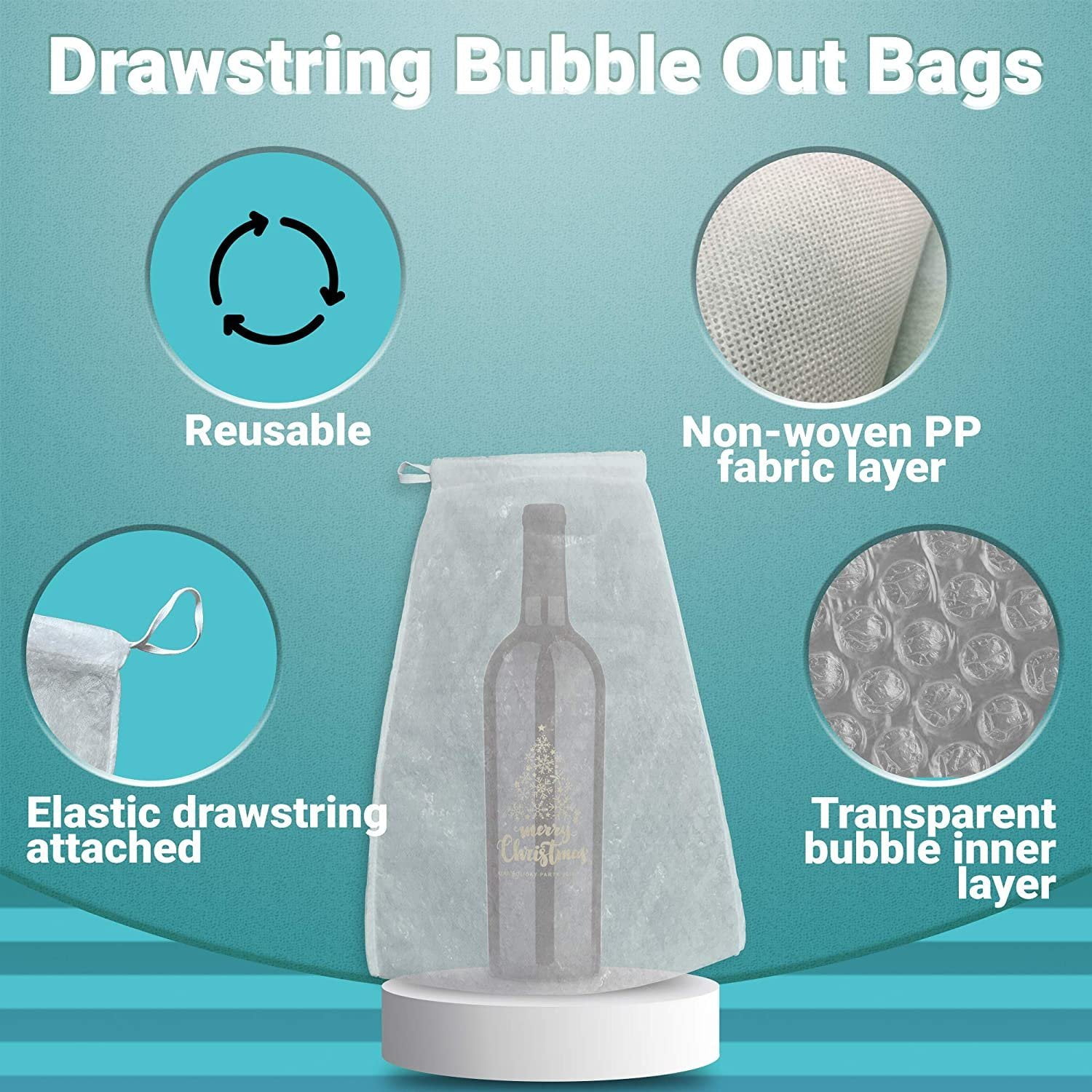 Pack of 10 Drawstring Bubble Out Bags 12 x 16. White Bubble Bags 12x16, Double Walled Bubble Pouch Bags for Packing, Moving, Shipping, Mailing, Bubble Cushioning Wrap Bags.