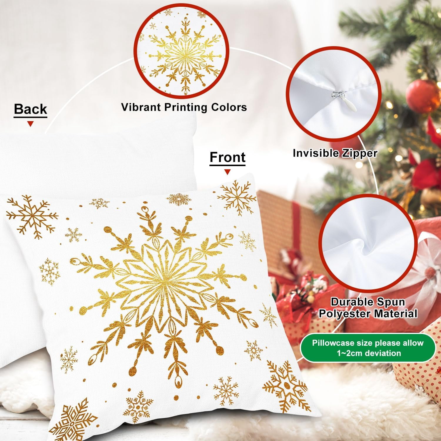 White and Gold Bronzing Christmas Throw Pillow Covers 18x18 Set of 4, 18 inch Decorative Xmas Cushion Covers Pillow Cases for 18 x 18 Home Bedroom Room Holiday Couch Decor Decorations