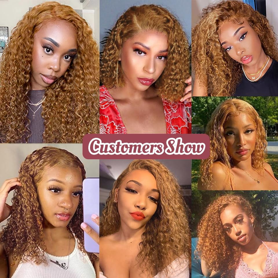 SUCS Short Curly Honey Blonde Bob Wig Lace Front Human Hair Wigs For Women Light Brown