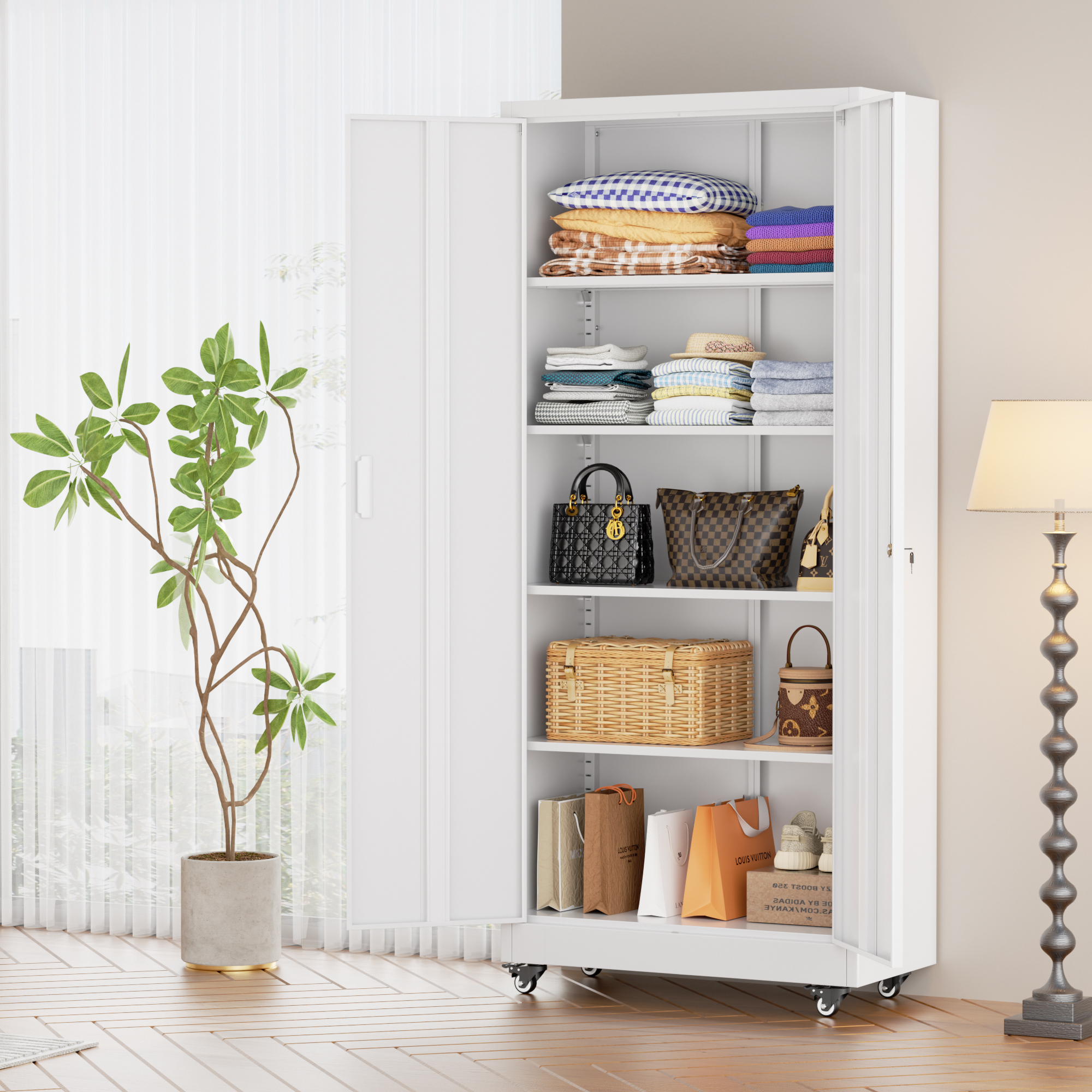 SUNCROWN Metal Garage Cabinets with Wheels,74" Rolling Storage Cabinet  and Shelves, Tall Tool Cabinet with Locking Doors for Garage,Home Office,Warehouse(White)