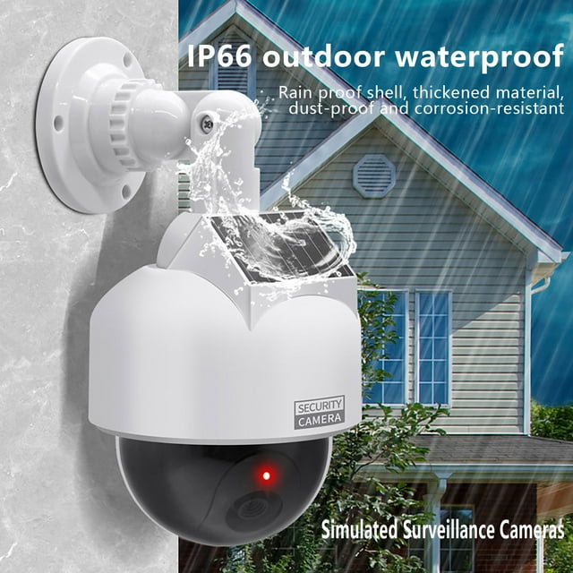 Cámara de seguridad ficticia para exteriores e interiores | Cámara domo de vigilancia falsa con LED rojo intermitente | CCTV simulado | ABS resistente a la intemperie | Rotación de 360° | Alimentado