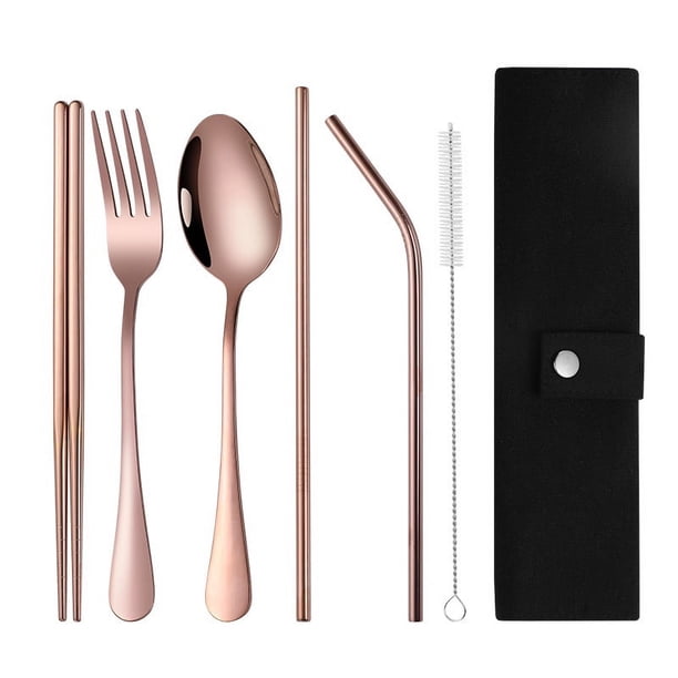 Xiao Hua Juego de cubiertos de viaje portátil con estuche de acero inoxidable, juego de cubiertos reutilizables para el almuerzo, incluye bolsa de almacenamiento (oro rosa).