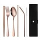 thumbnail image 1 of Xiao Hua Juego de cubiertos de viaje portátil con estuche de acero inoxidable, juego de cubiertos reutilizables para el almuerzo, incluye bolsa de almacenamiento (oro rosa)., 1 of 5