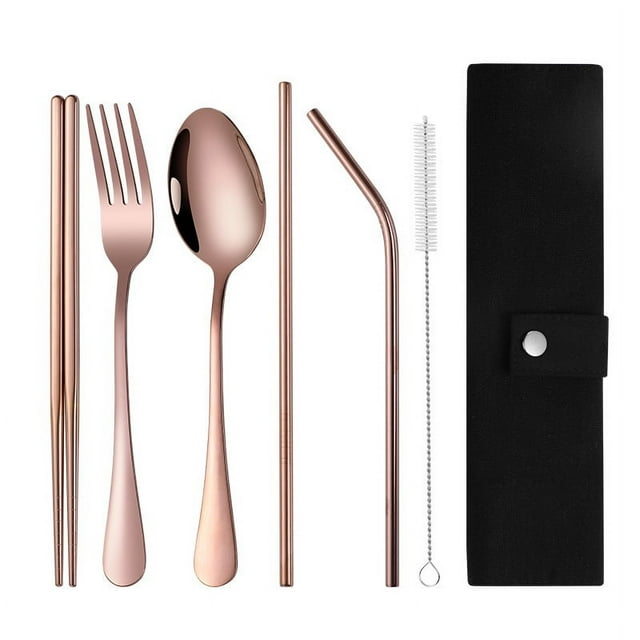 Zhuge Juego de cubiertos de viaje portátil con estuche, juego de cubiertos de acero inoxidable, juego de utensilios reutilizables para el almuerzo, incluye bolsa de almacenamiento (oro rosa)