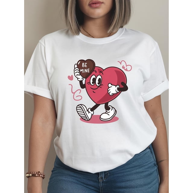 Camiseta de manga corta con estampado de San Valentín, 100 % algodón, para mujer, para el tiempo libre