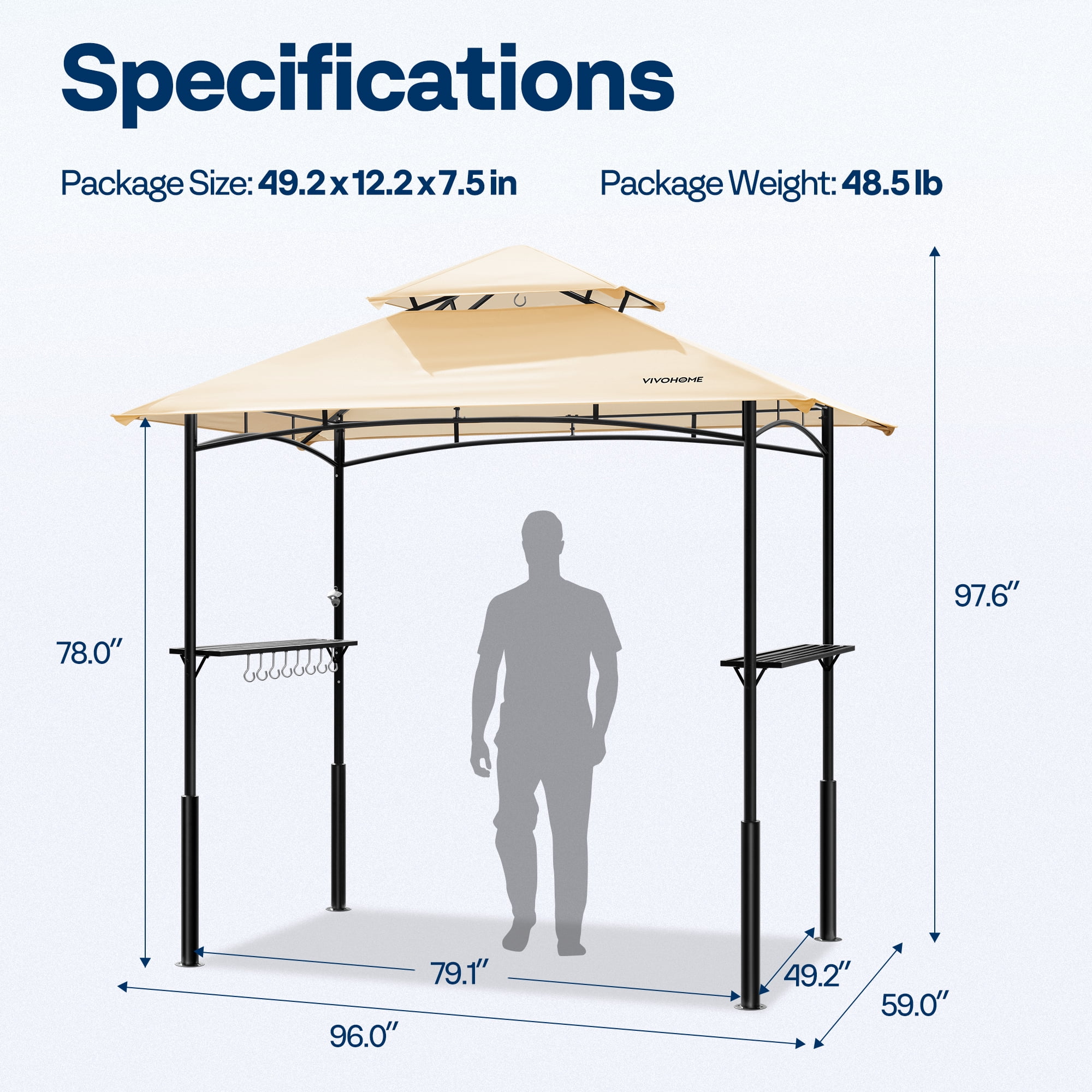 SPECSTAR 8' x 5' Grill Gazebo Canopy, Outdoor BBQ Gazebo Shelter with 2 Side Shelves & Double-Tiered Top, Beige