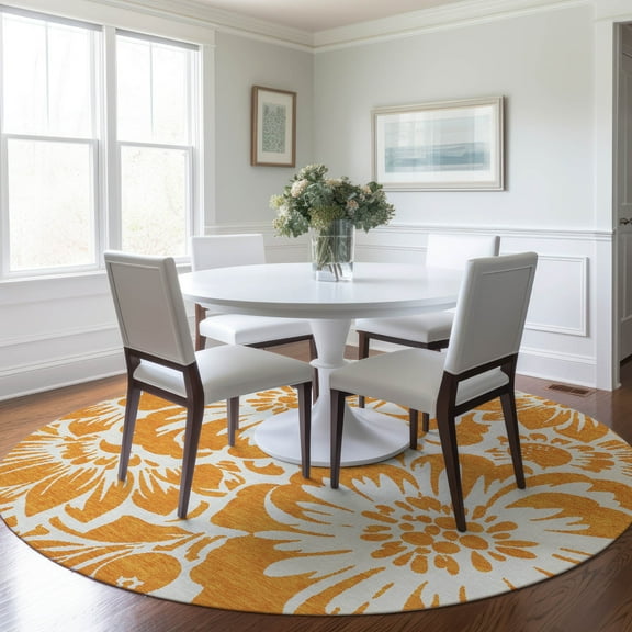 Addison Rugs Chantille Indoor/Outdoor Transitional Floral Orange Washable Round Rug, 8' x 8'