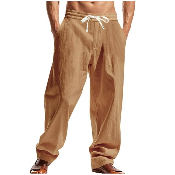 hotojiny Hiking Pants Mens Cotton Linen Drawstring Elastic Waist Big and Tall Pants Loose Fit Beach Summer Vacation Outfits Trousers