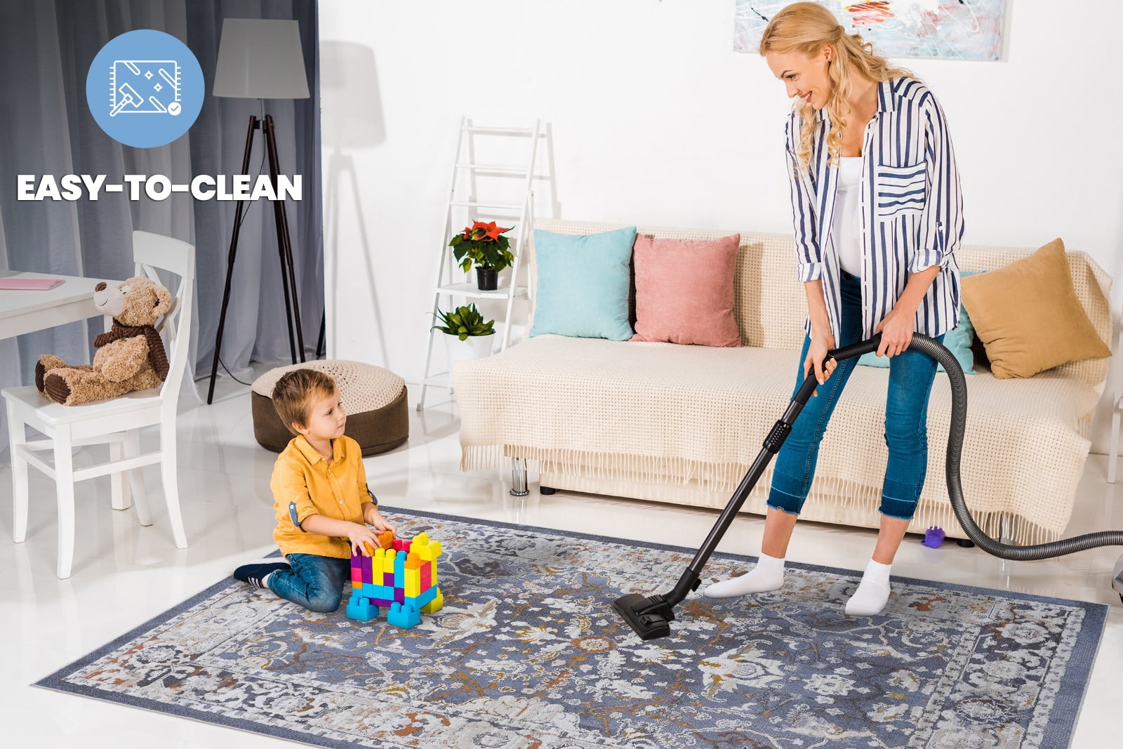 8' x 10' Blue Traditional Area Rug Non-Shedding Stain Resistant Medium Pile Carpet for Living Room Bedroom Dining Room Home Office Entryway