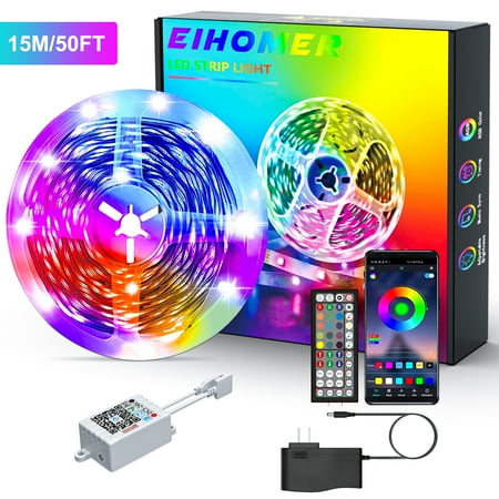 EIHOMER LED Strip Lights, 50ft RGB LED Lights Strip, 5050 Multi-Color Changing LED Rope Lights for Bedroom, Home, Kitchen Decor with 44 Key Remote, 24V Power Supply