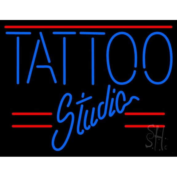 Tattoo Studio LED Neon Sign 15" Tall x 19" Wide - inches Black Square Cut Acrylic Backing, with Dimmer - Premium built indoor Sign for Storefront, Store interior, Workshop, Studio.
